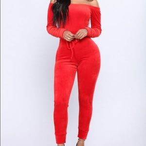 Red velour jumpsuit